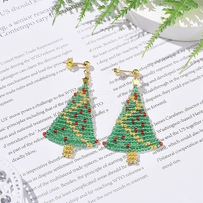 Glass Seed Braided Christmas Tree Dangle Stud Earrings EJEW-MZ00027-1