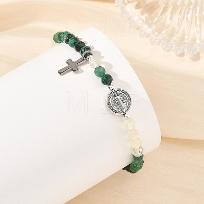 Gradient Natural Mixed Stone Faceted Round Beaded Stretch Bracelets with Alloy Saint Benedict Medal BJEW-JB14401-02-1