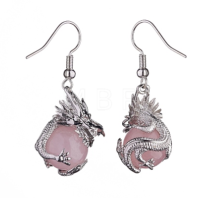 Natural Rose Quartz Dragon Dangle Earrings EJEW-A092-06P-08-1