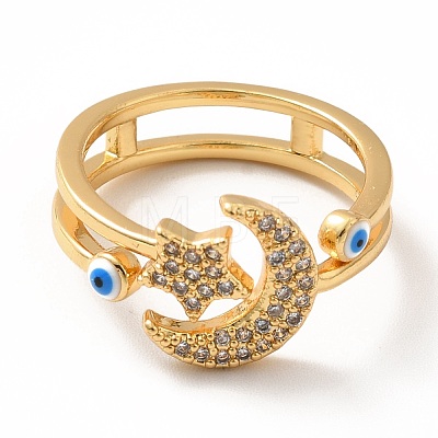 Cubic Zirconia Moon and Star Open Cuff Ring with Enamel Evil Eye RJEW-H101-36G-1