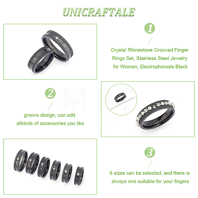 Unicraftale 12Pcs 6 Size Crystal Rhinestone Grooved Finger Rings Set RJEW-UN0002-72EB-1