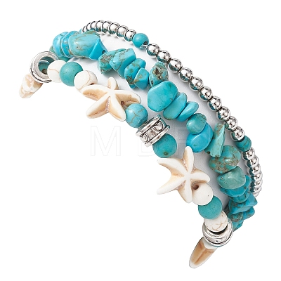 3Pcs 3 Style Synthetic Turquoise Chips & Starfish Beaded Stretch Bracelets Set BJEW-TA00391-1