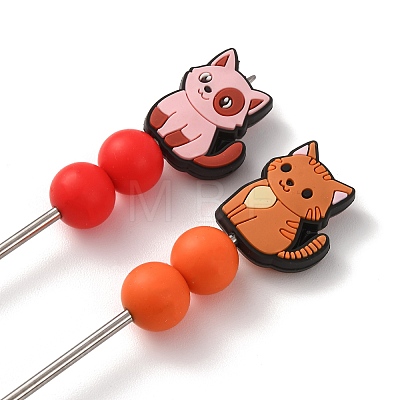 12Pcs 12 Styles Silicone Cat Shape Bead with Stainless Steel Knitting Needles AJEW-ME00026-1