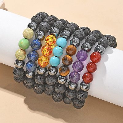 Natural Lava Rock and Non-Magnetic Synthetic Hematite Beads Braided Bead Bracelets BJEW-JB03975-1