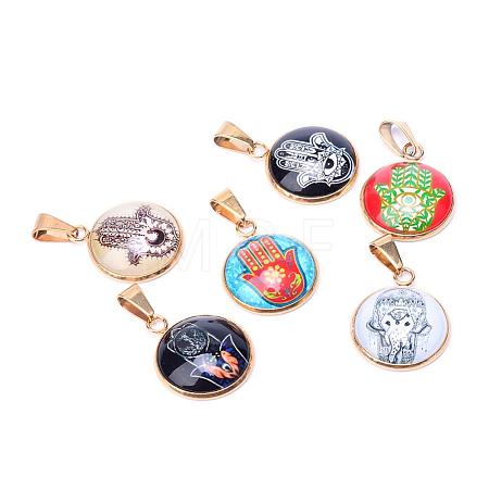 Hamsa Hand/Hand of Fatima/Hand of Miriam Theme Glass Pendants GLAA-R182-G-1