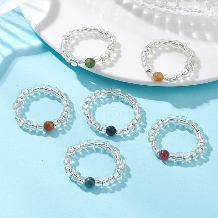 Natural Green Jade Imitation Tourmaline & Glass Beaded Stretch Finger Rings RJEW-JR01006-1