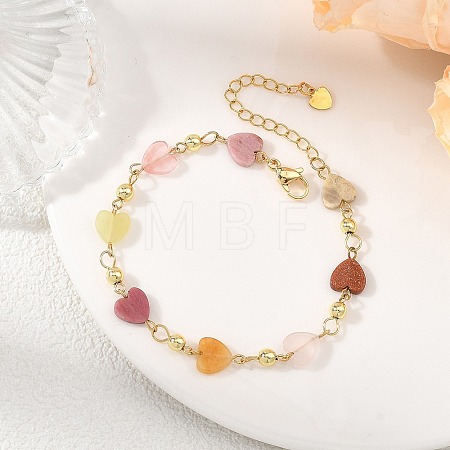 Heart Natural Rose Quartz & Cherry Quartz Glass & Rhodonite & Crazy Agate & Synthetic Goldstone Beaded Link Chain Bracelets for Women BJEW-JB13910-1