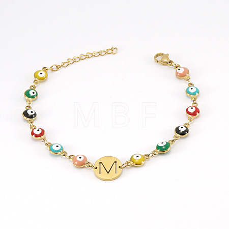 Colorful 304 Stainless Steel & Evil Eye Enamel Flat Round Link Bracelets FS-WGB13F5-13-1