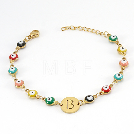 Colorful 304 Stainless Steel & Evil Eye Enamel Flat Round Link Bracelets FS-WGB13F5-02-1