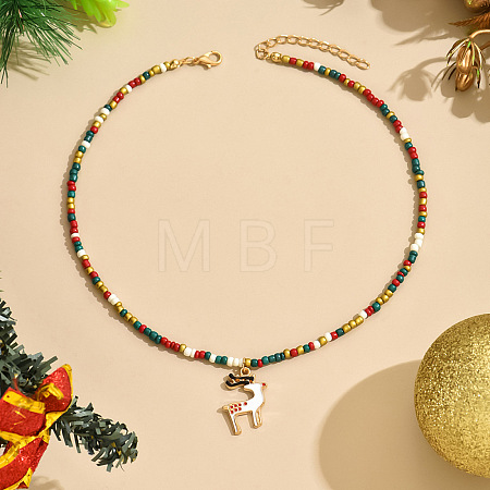 Christmas Alloy Enamel Pendant Colorful Glass Seed Beaded Necklaces FS-WG695D6-09-1