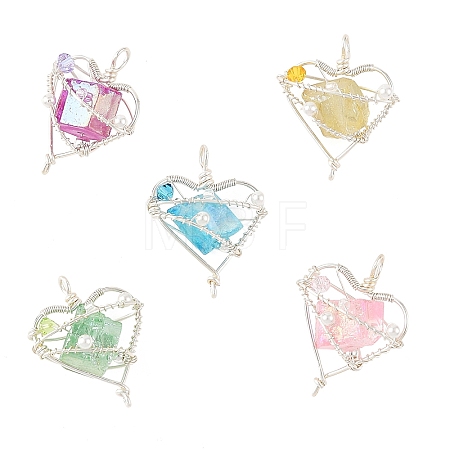 5Pcs 5 Colors Electroplated Natural Quartz Copper Wire Wrapped Pendants PALLOY-TA00429-1
