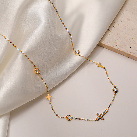 Religion 304 Stainless Steel Pave Clear Cubic Zirconia Cross Link Chain Necklaces for Women WGE3C6C-01-1