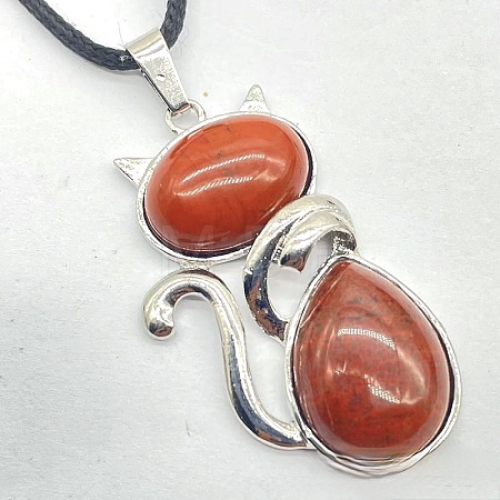Natural Red Jasper Alloy Cat Shape Pendant Necklaces KJ2639-15-1