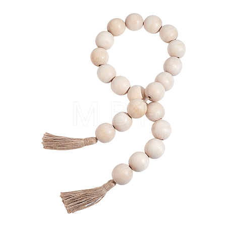 Wood Round Bead with Jute Cord Tassel Display Decorations HJEW-PH02453-1