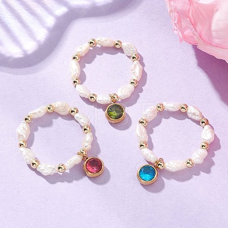 3Pcs Natural Cultured Freshwater Pearl Beaded Stretch Finger Rings RJEW-JR01009-1