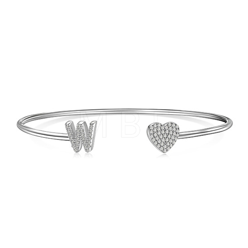 Anti-Tarnish Heart & Letter Rhodium Plated 925 Sterling Silver Micro Pave Cubic Zirconia Cuff Bangles for Women BJEW-C062-01W-P-1