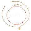 Red Glass Beaded Chain Double Layer Necklaces with Stainless Steel Religion Virgin Cross Pendant QR8888-1-6