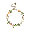 Brass Enamel Colorful Flower Link Chain Bracelets with Natural Pearl Beads for Women BJEW-JB14174-3