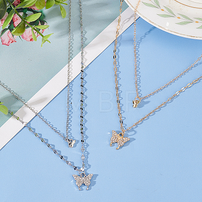 2Pcs 2 Colors Crystal Rhinestone Butterfly Pendant Double Layer Necklaces Set NJEW-AN0001-23-1