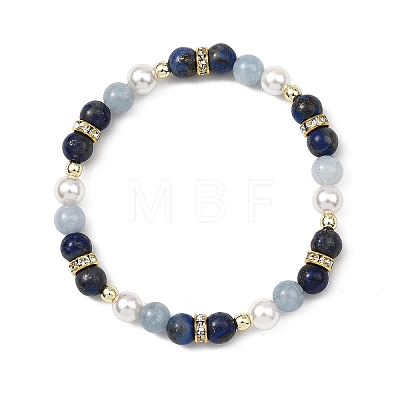 Natural Gemstone & Shell Pearl & Brass Rhinestone Beaded Stretch Bracelets for Girls BJEW-JB14087-1