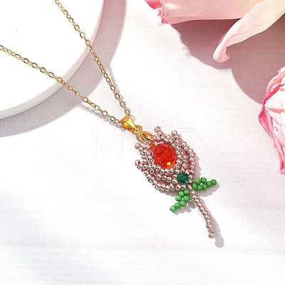 Glass Seed Beaded Flower Pendant Necklaces NJEW-MZ00080-03-1