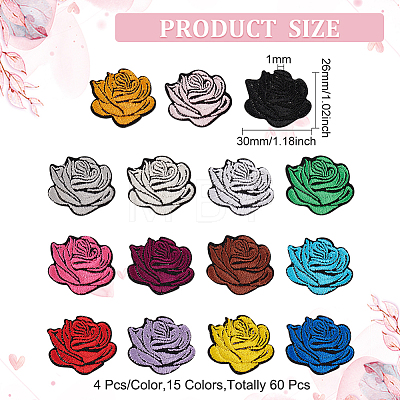 60Pcs 15 Colors Rose Shape Cloth Iron on Embroidered Patches PATC-FG0001-30-1