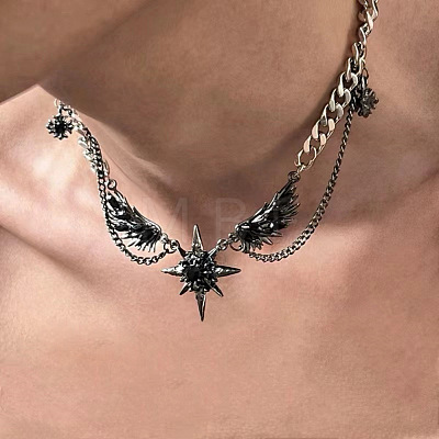 304 Stainless Steel Jet Rhinestone Star with Wings Choker Necklaces for Women FS-WG57FF6-01-1
