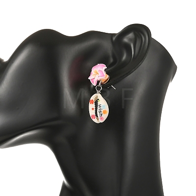 Handmade Polymer Clay 3D Flower Plumeria & Flower Word Printed Cowrie Shell Dangle Stud Earrings for Women EJEW-JE07483-1