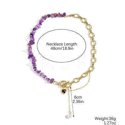 Natural Amethyst Chip Beaded Necklaces with Alloy Heart Charms WGDF26A-07-1