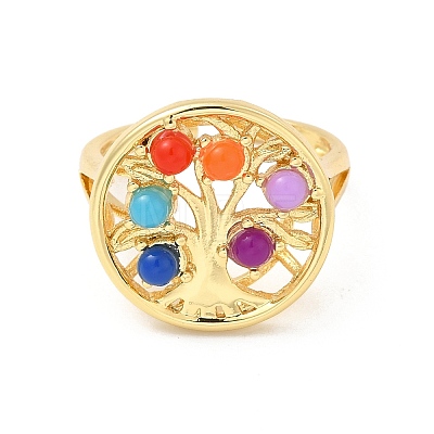Colorful Resin Beaded Tree of Life Open Cuff Ring RJEW-G274-02G-1