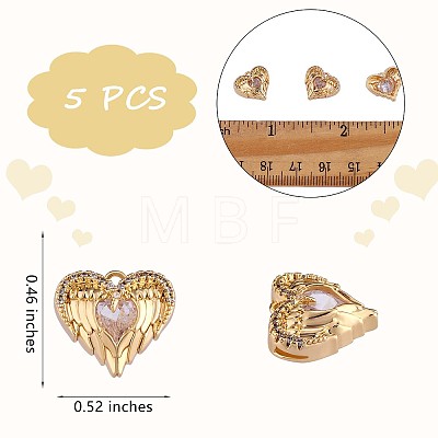 5 Pieces Angel Wing Love Heart Charm Pendant Heart Clear Cubic Zirconia Charm Copper Plating for Jewelry Necklace Earring Making Crafts JX382B-1