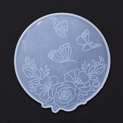 Flat Round with Flower & Butterfly Cup Mat Silicone Molds DIY-M034-29-1