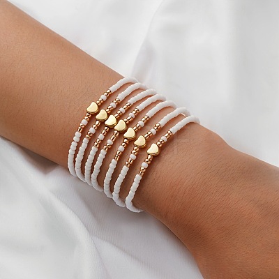 7Pcs CCB Heart & Glass Seed Round Beads Stretch Bracelets FS-WG8F785-03-1