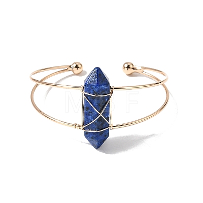 Brass Wire Wrapped Natural Lapis Lazuli Hexagon Point Cuff Bangles for Women BJEW-L719-01G-07-1