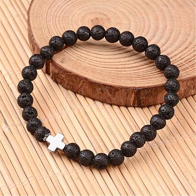 Cross Natural Lava Rock Beaded Stretch Bracelets BJEW-JB02258-1