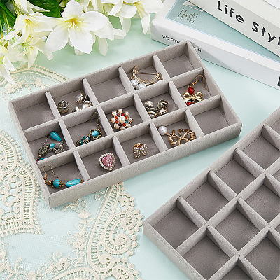 15 Grids Rectangle Wood Covered with Velvet Jewelry Trinket Display Trays AJEW-WH20054-062G-02-1