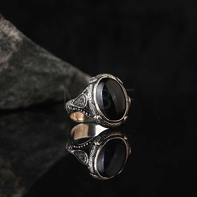 Oval Natural Black Agate Finger Rings PW-WG03CB0-01-1