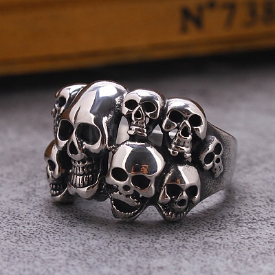 Steam Punk Style Titanium Steel Multi-Skull Finger Rings SKUL-PW0005-08E-1