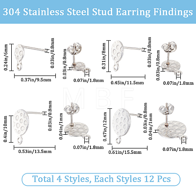 SUNNYCLUE 48Pcs 4 Style 304 Stainless Steel Stud Earring Findings STAS-SC0007-31-1