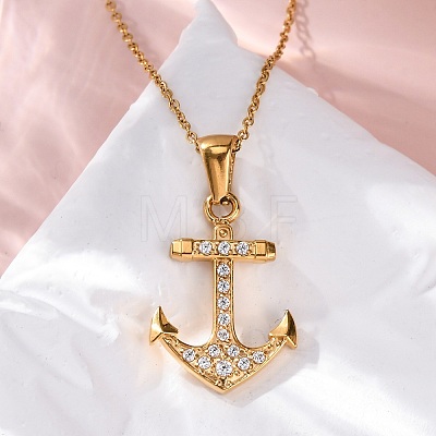 304 Stainless Steel Crystal Rhinestone Anchor Pendant Necklaces NJEW-Z057-01C-G-1