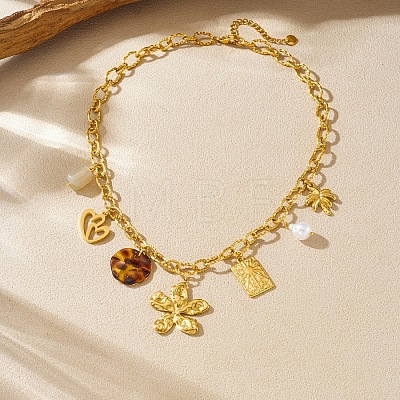 304 Stainless Steel Flower Heart Tree & Plastic Pearl & Resin Disc Multi-Charm Bib Necklaces for Women WG8B7B1-01-1