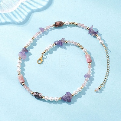 Round Cherry Quartz Glass & Natural Amethyst Chip & Rhodonite Baeded Necklaces for Women NJEW-JN05634-1