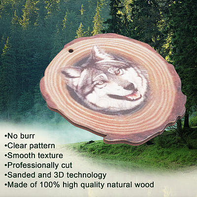CREATCABIN 1 Set Flat Round & 3D Wolf Pattern Wooden Pendant Decorations HJEW-CN0001-17-1