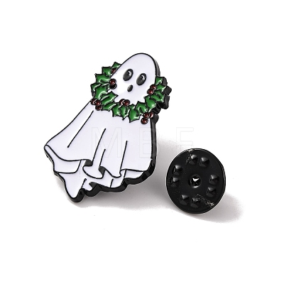 Christmas Theme Ghost with Holly Leaves Enamel Pins JEWB-M043-06C-1