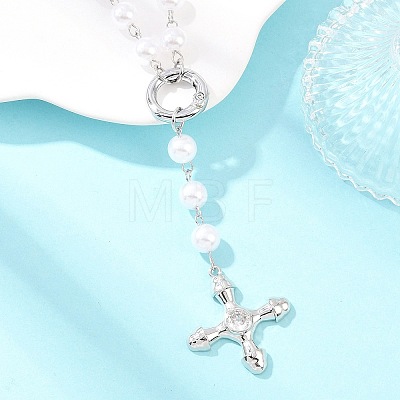 Brass Pave Clear Cubic Zirconia Cross Y Pendant Necklaces with ABS Imitation Pearl Handmade Link Chain NJEW-F364-06P-1
