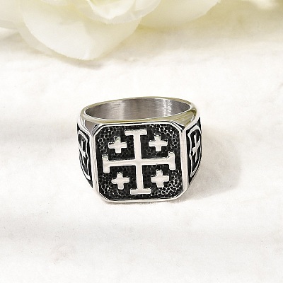 Jerusalem Cross 304 Stainless Steel Finger Rings for Men RJEW-D339-01A-AS-1