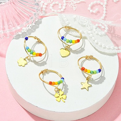 4Pcs 4 Styles Rainbow Color Glass Seed Braided Bead Finger Rings Set with Charms RJEW-TA00084-1