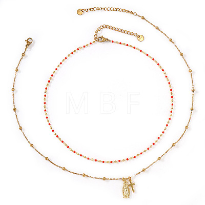 Red Glass Beaded Chain Double Layer Necklaces with Stainless Steel Religion Virgin Cross Pendant QR8888-1-1