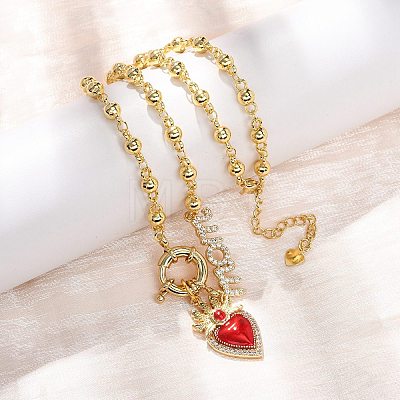 Mother's Day Brass Micro Pave Clear Cubic Zirconia Enamel Red Sacred Heart Mama Pendant Necklaces for Women NJEW-A071-12C-G-1
