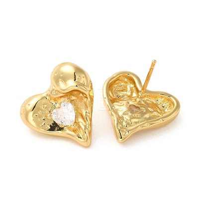Brass with Cubic Zirconia Heart Stud Earrings EJEW-G382-24G-1